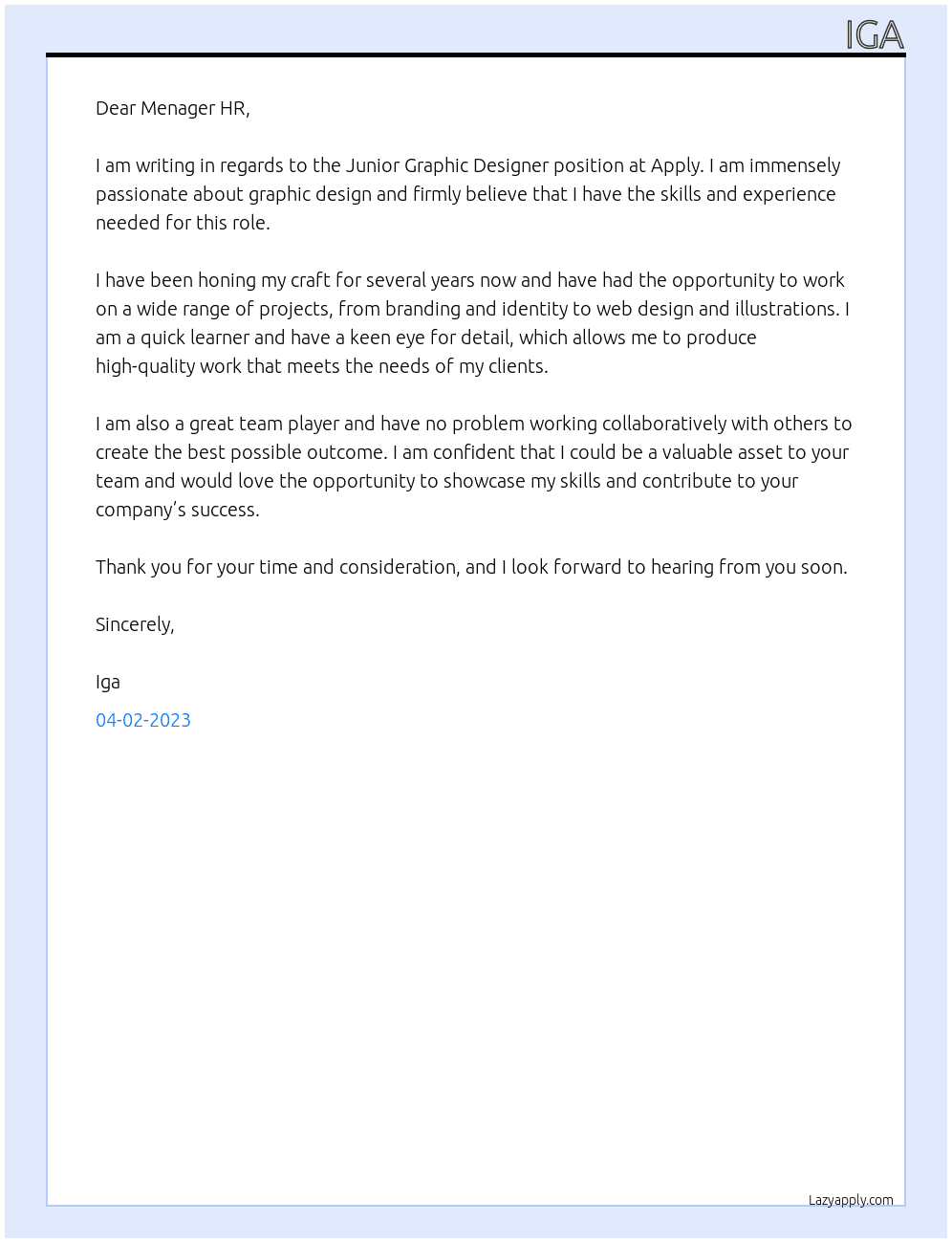 Junior Graphic Designer At Apply Cover Letter