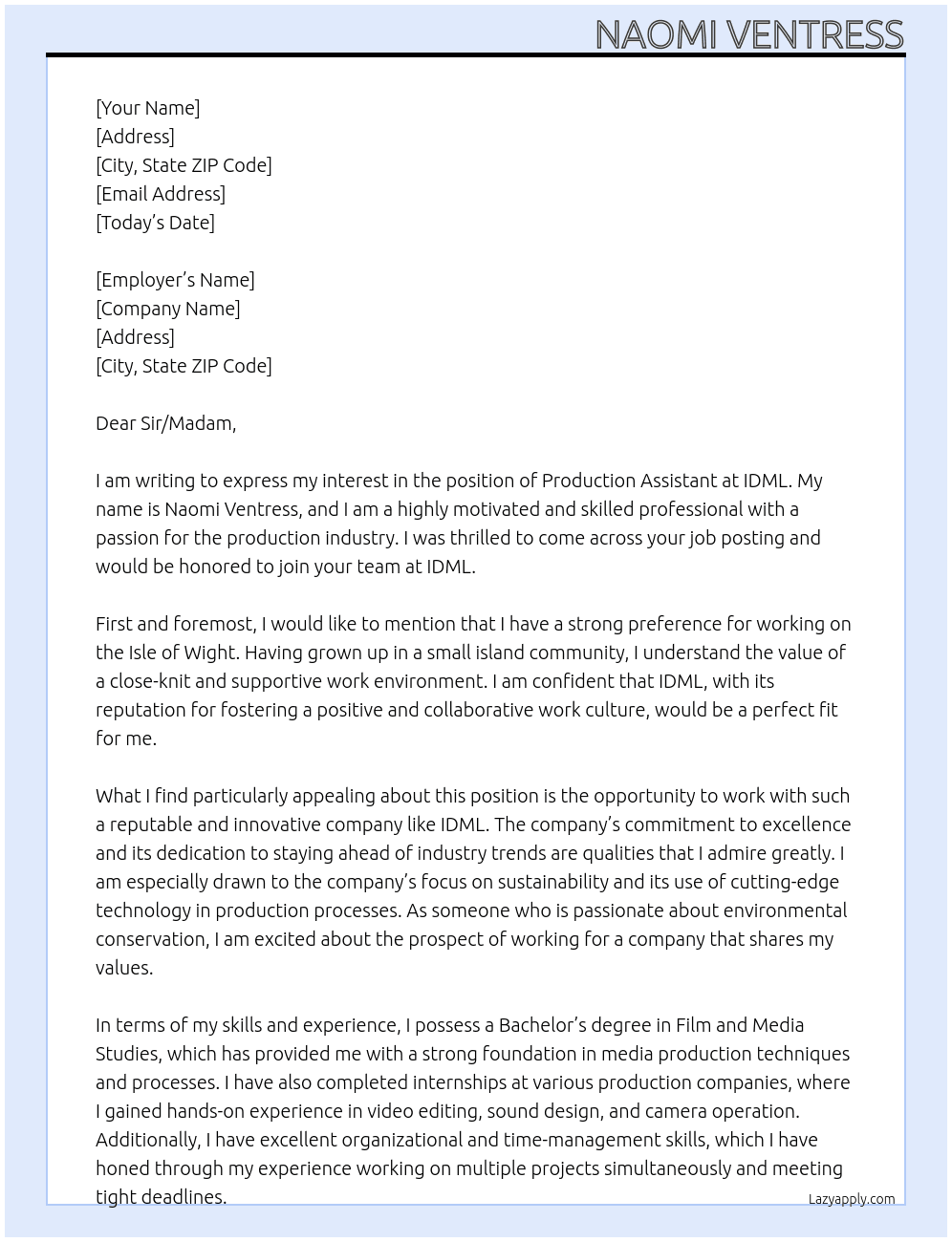 production assistant At IDML Cover Letter