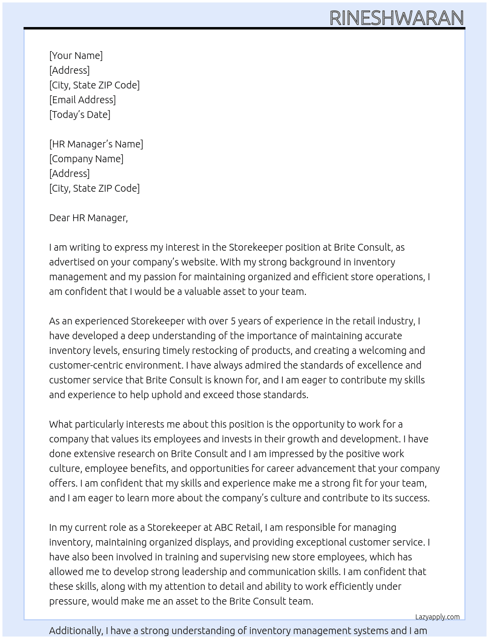 Store keepe At Brite Consult Cover Letter