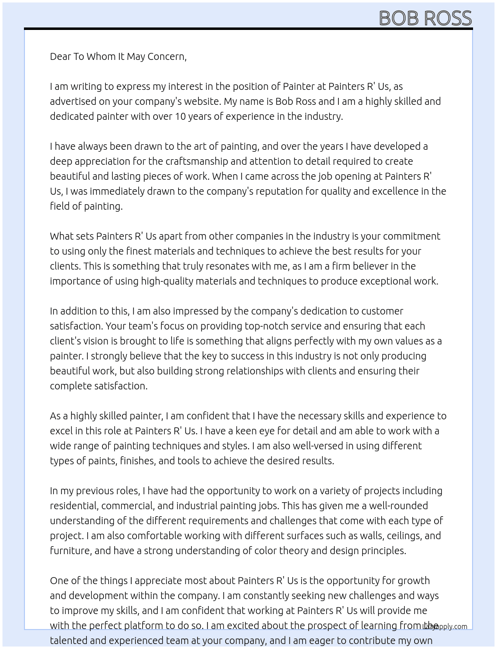 Painter At Painters R' Us Cover Letter