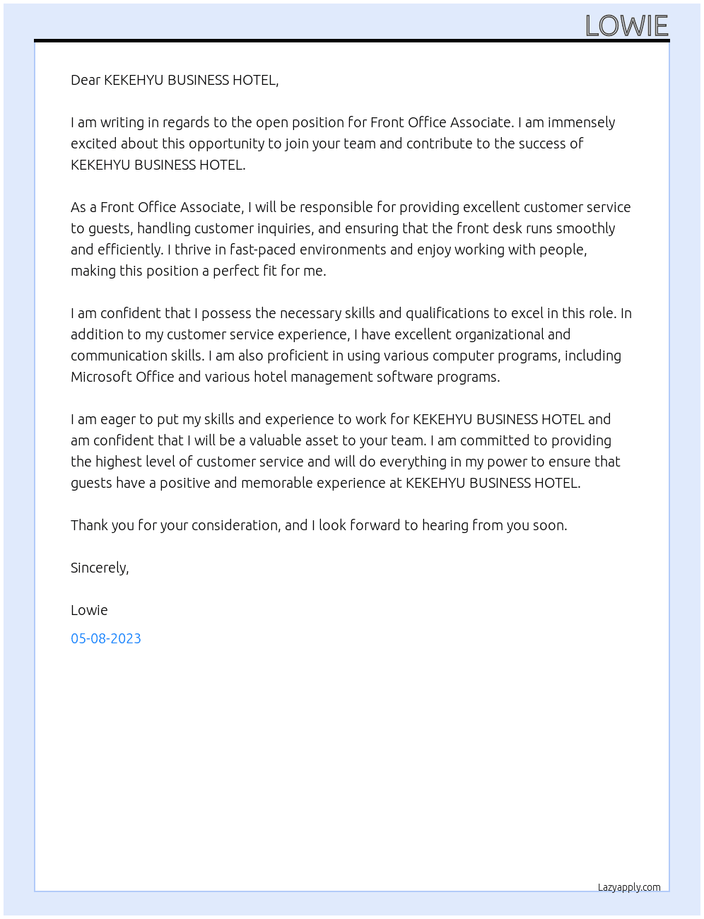 FRONT OFFICE ASSOCIATE At KEKEHYU BUSINESS HOTEL Cover Letter