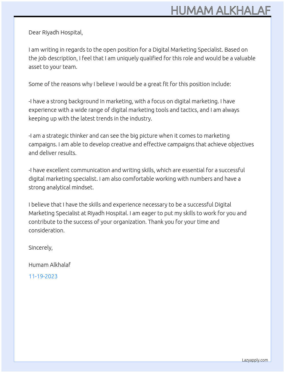 Digital marketing Specialest At Riyadh Hospital Cover Letter