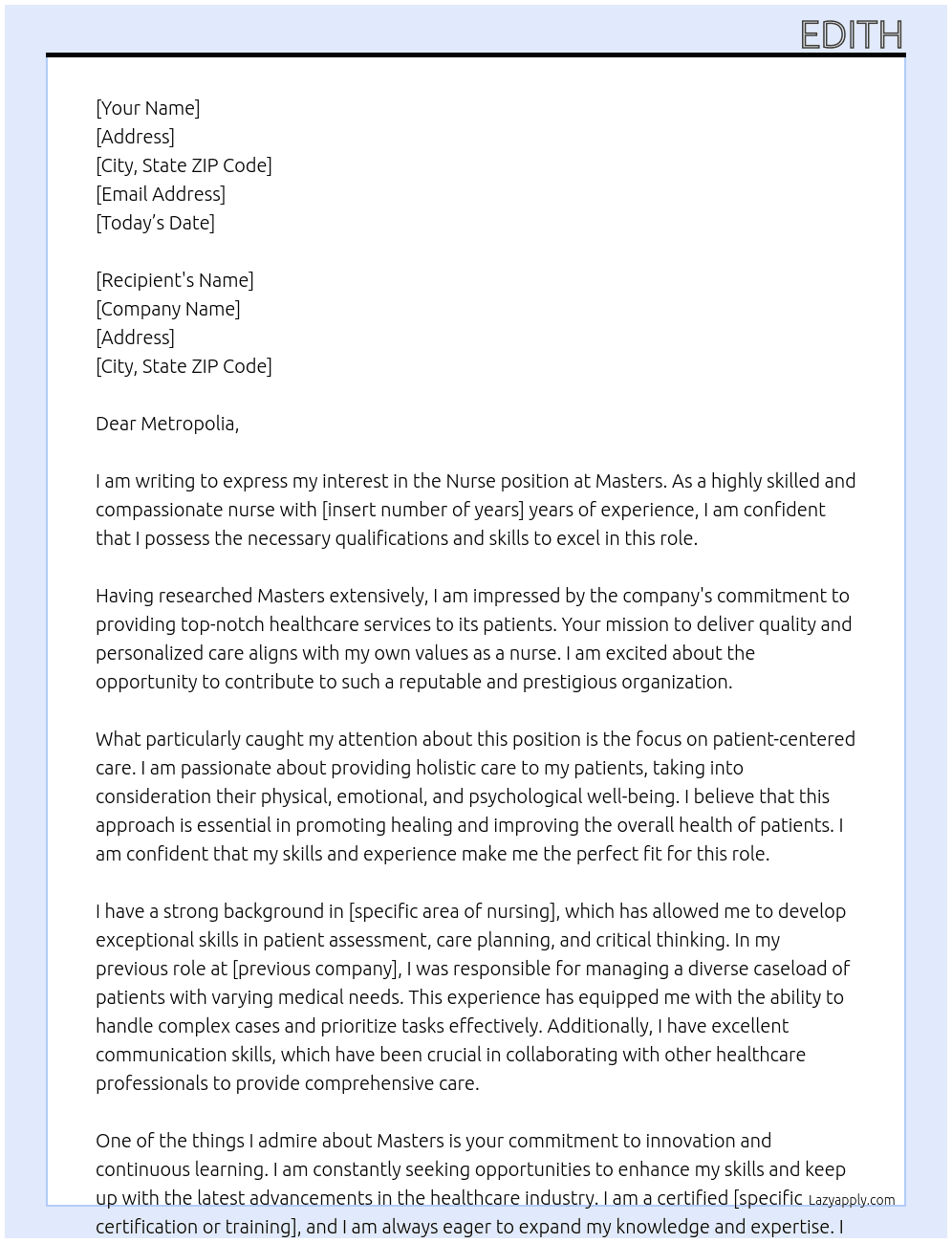 nurse At   Masters Cover Letter