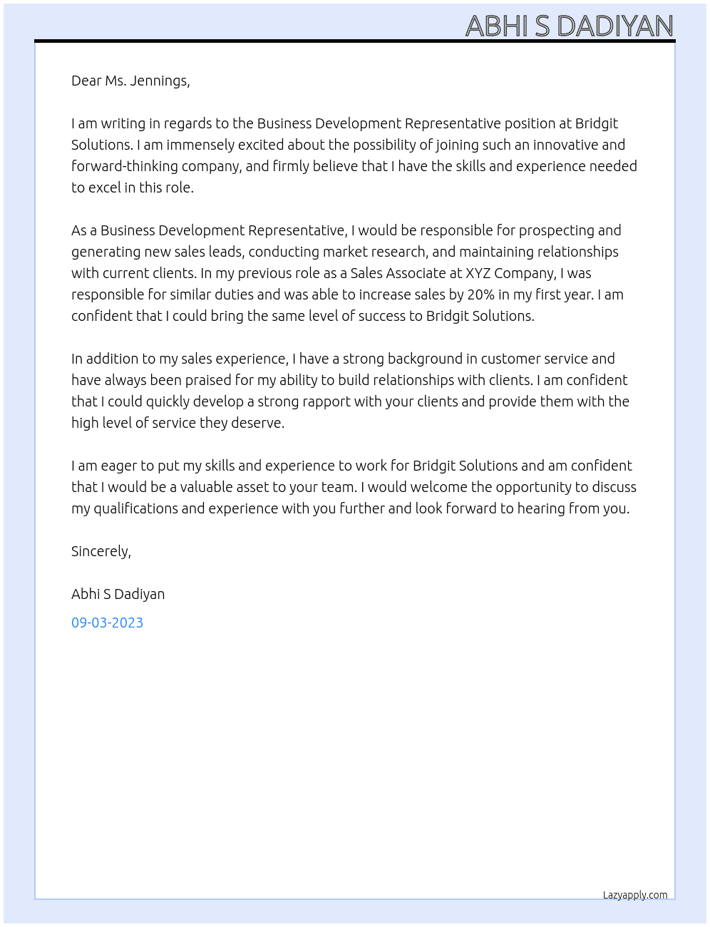 Business Development Representative At Bridgit Solutions Cover Letter