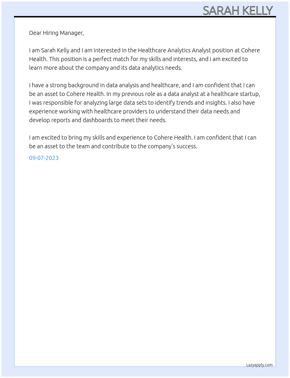 Healthcare Analytics Analyst At Cohere Health Cover Letter