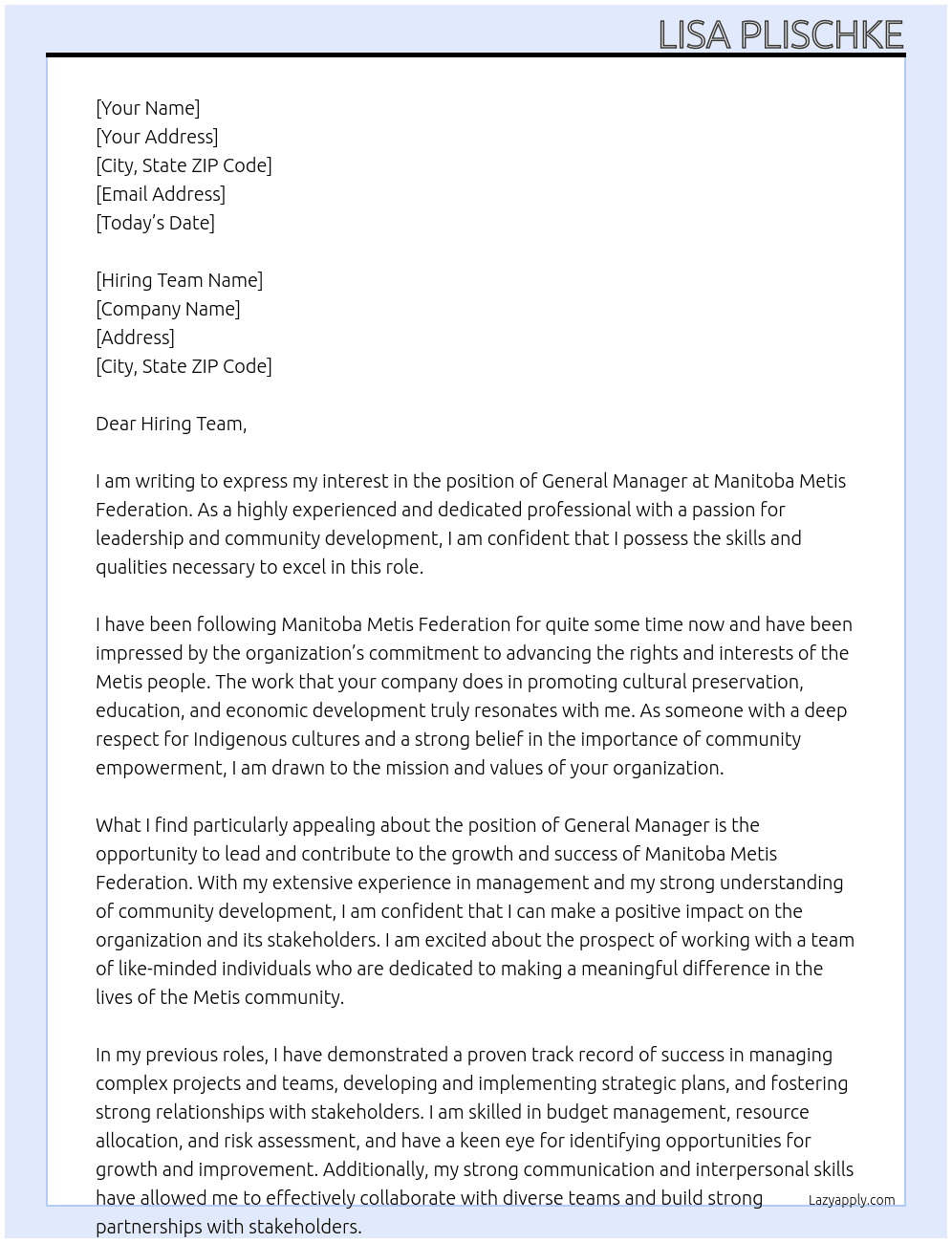general manager At Manitoba Metis Federation Cover Letter