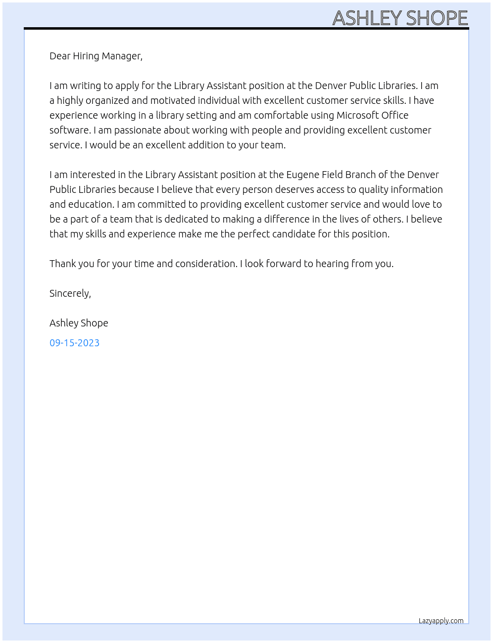 Library Assistant At Denver Public Libraries Cover Letter