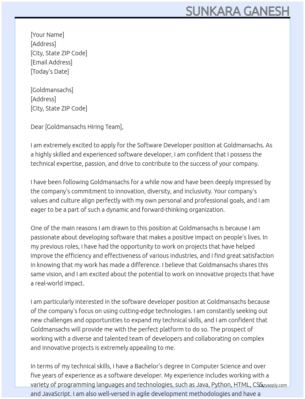 Software Developer At Goldmansachs Cover Letter