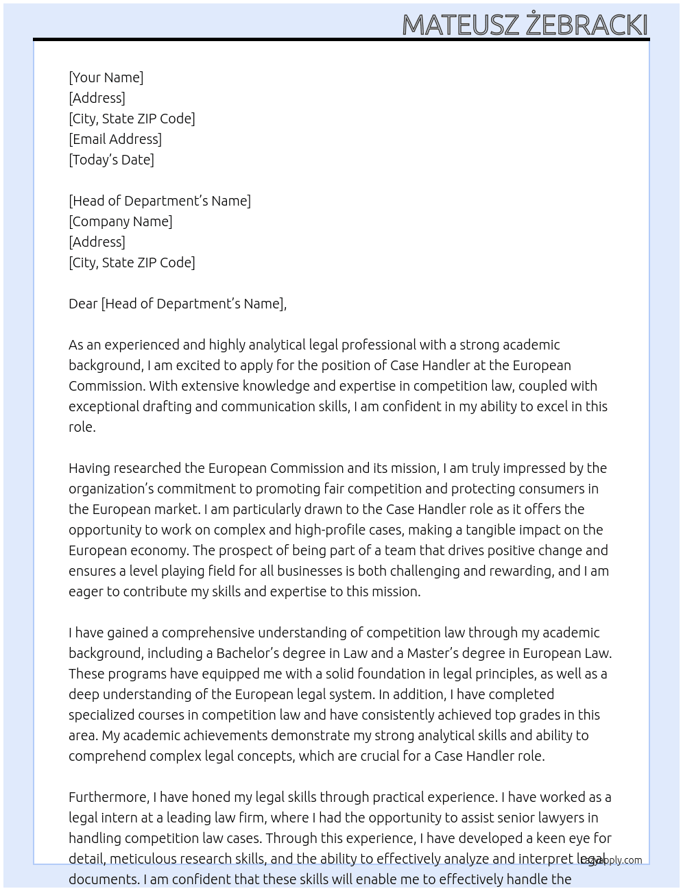 Case Handler At European Commission Cover Letter