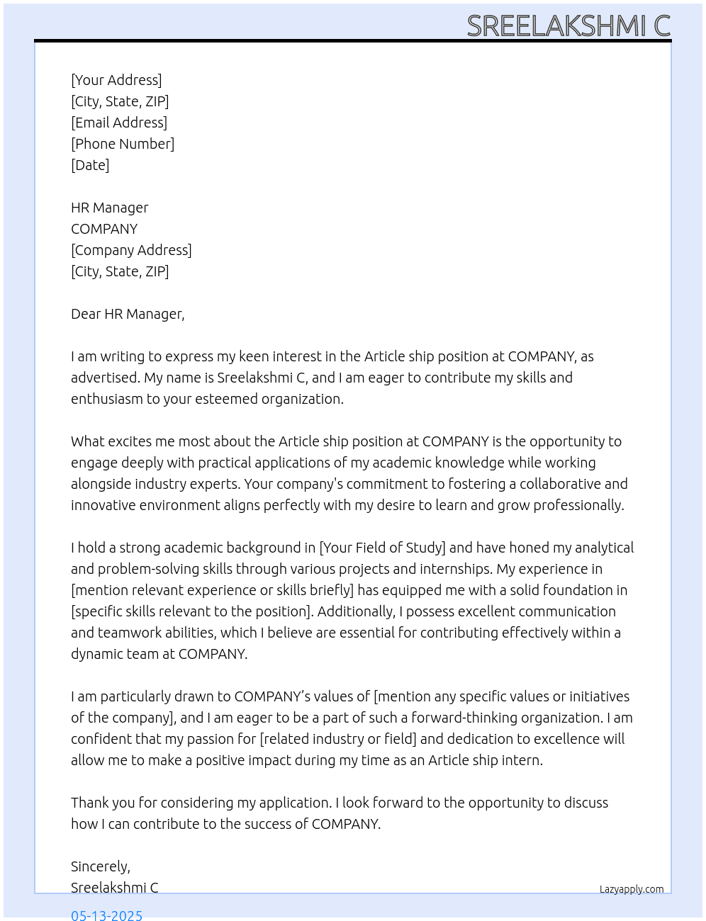 ARTICLESHIP At COMPANY  Cover Letter