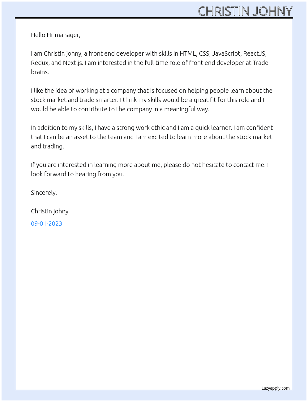 Front end developer  At Trade brains Cover Letter