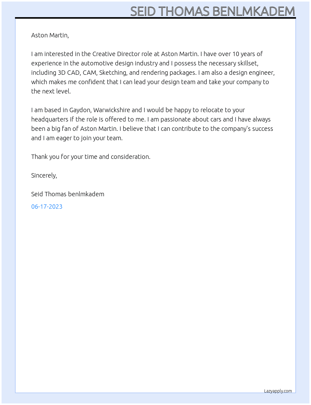 Creative Director At Aston Martin Cover Letter