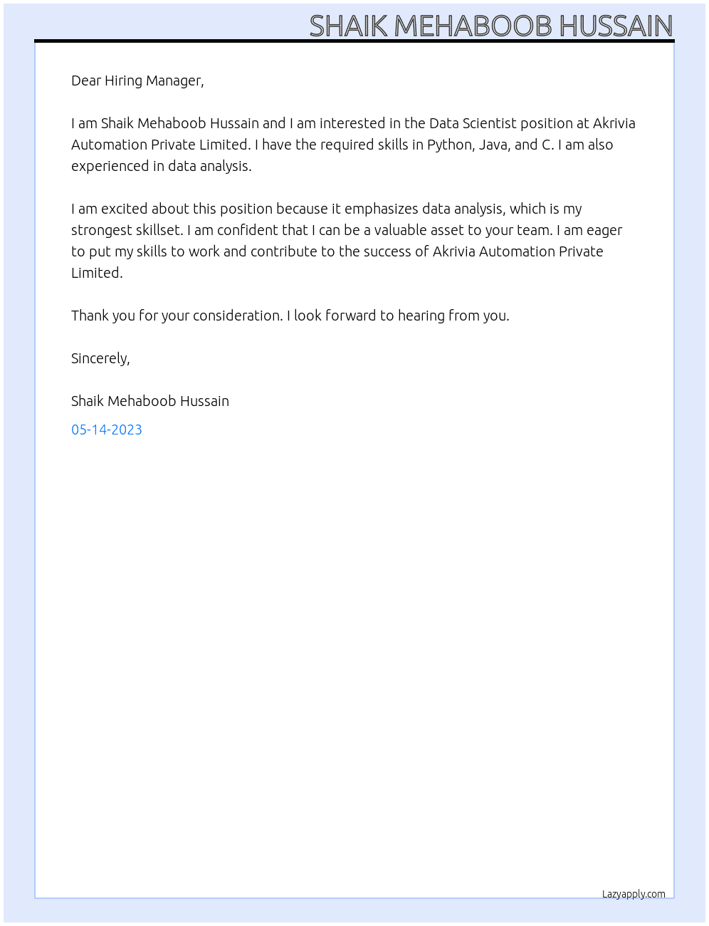 Data Scientist At Akrivia Automation Private Limited Cover Letter