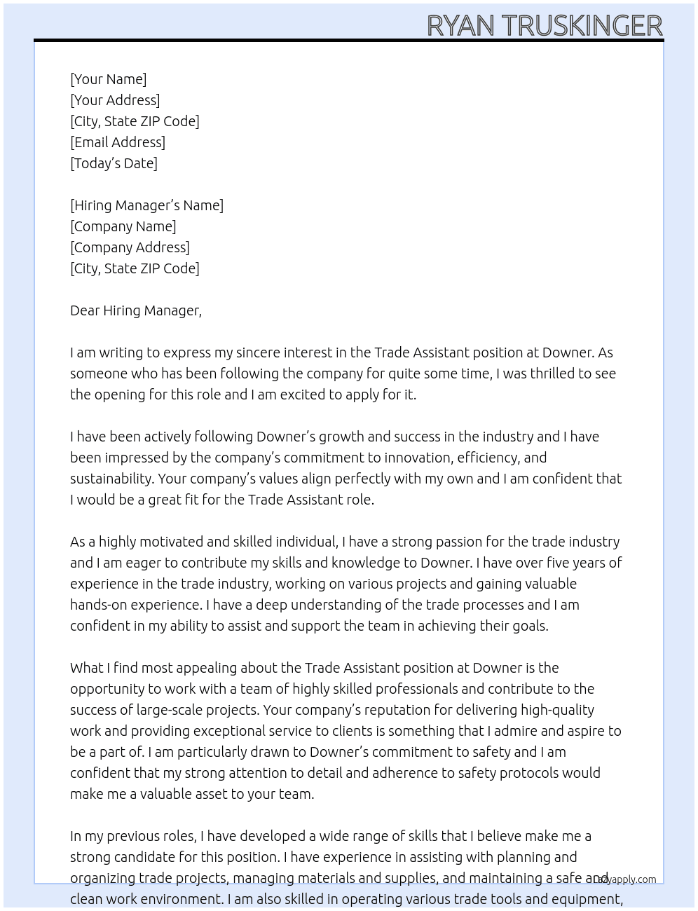 Trade assistant At Downer Cover Letter