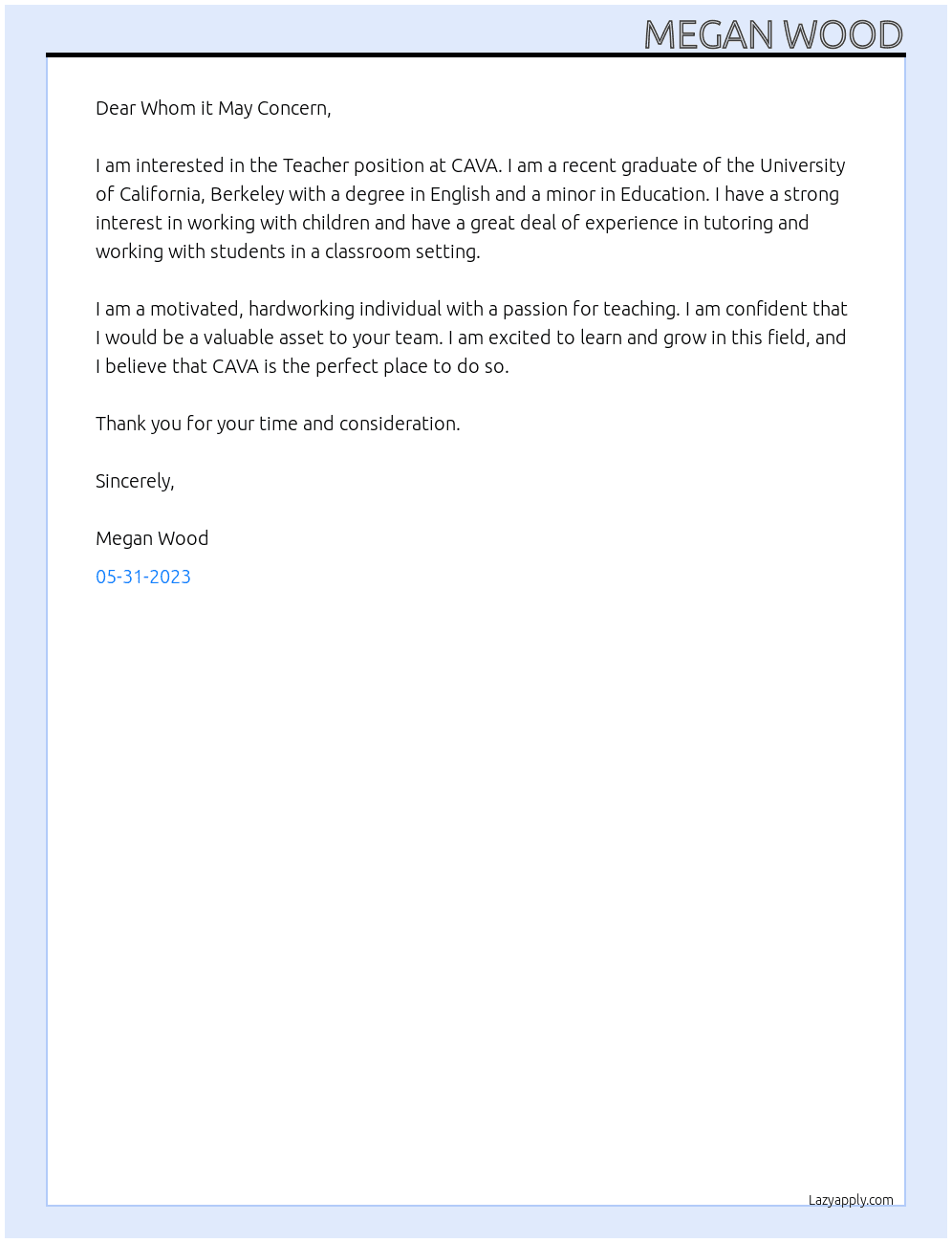 Teacher At CAVA Cover Letter