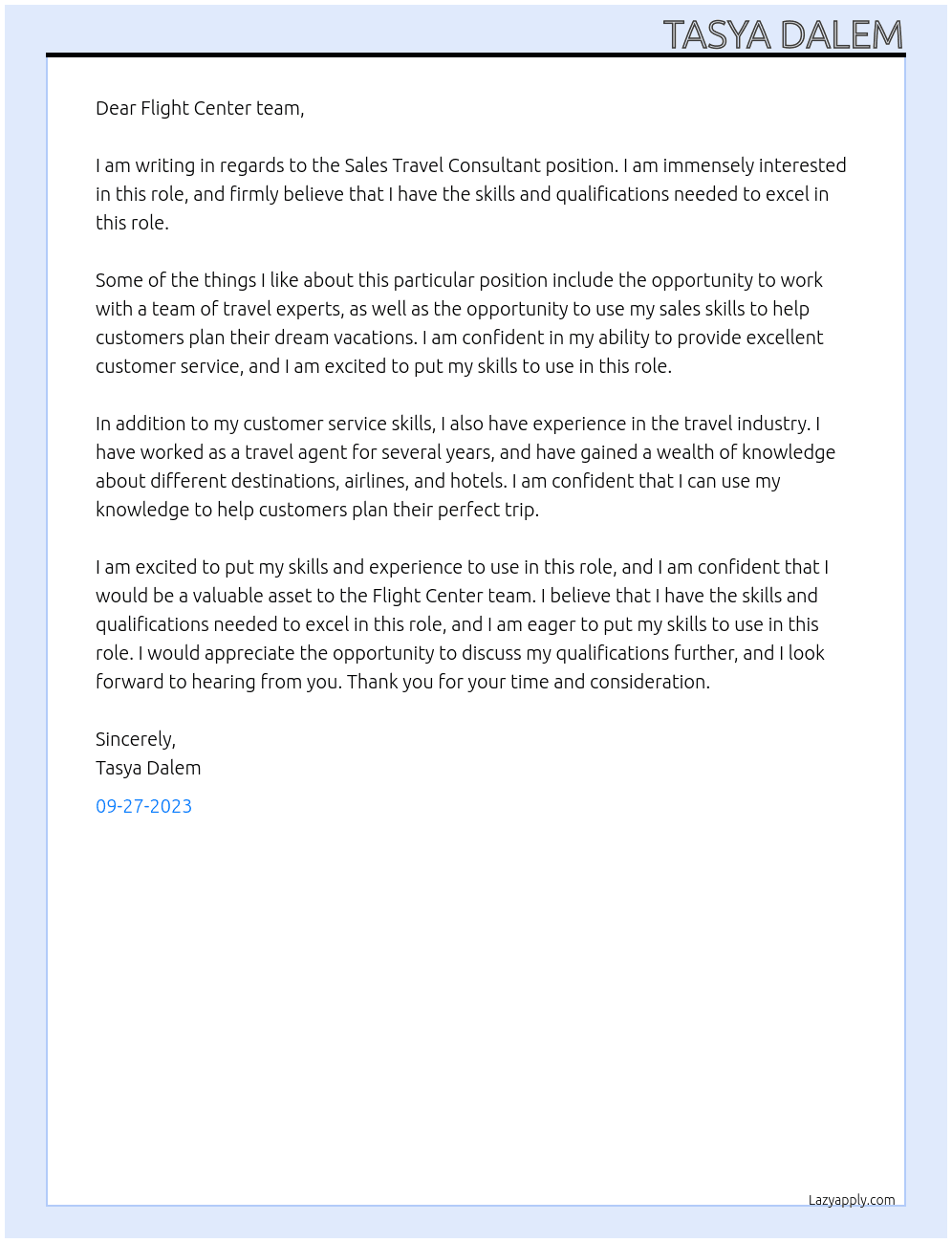 Sales Travel Consultant At Flight Center  Cover Letter