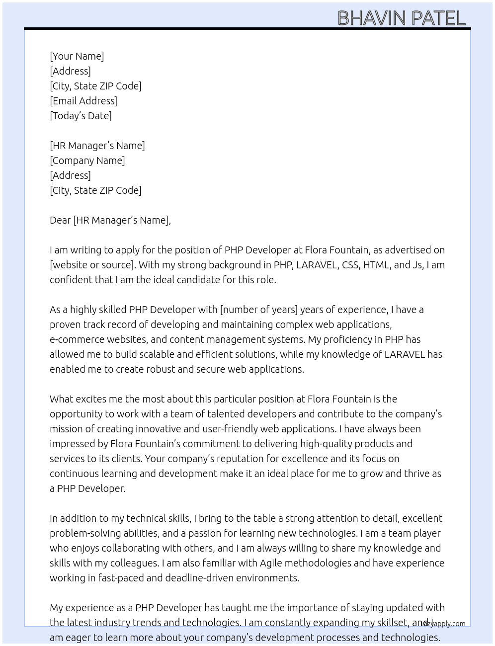 PHP Developer  At Flora Fountain  Cover Letter