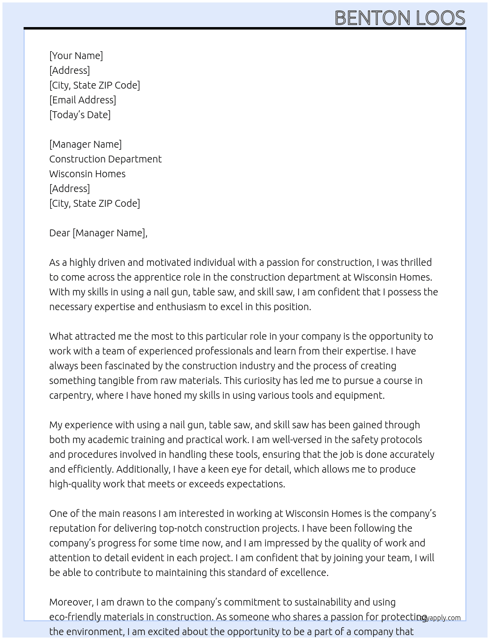 Construction At WIsconsin Homes Cover Letter