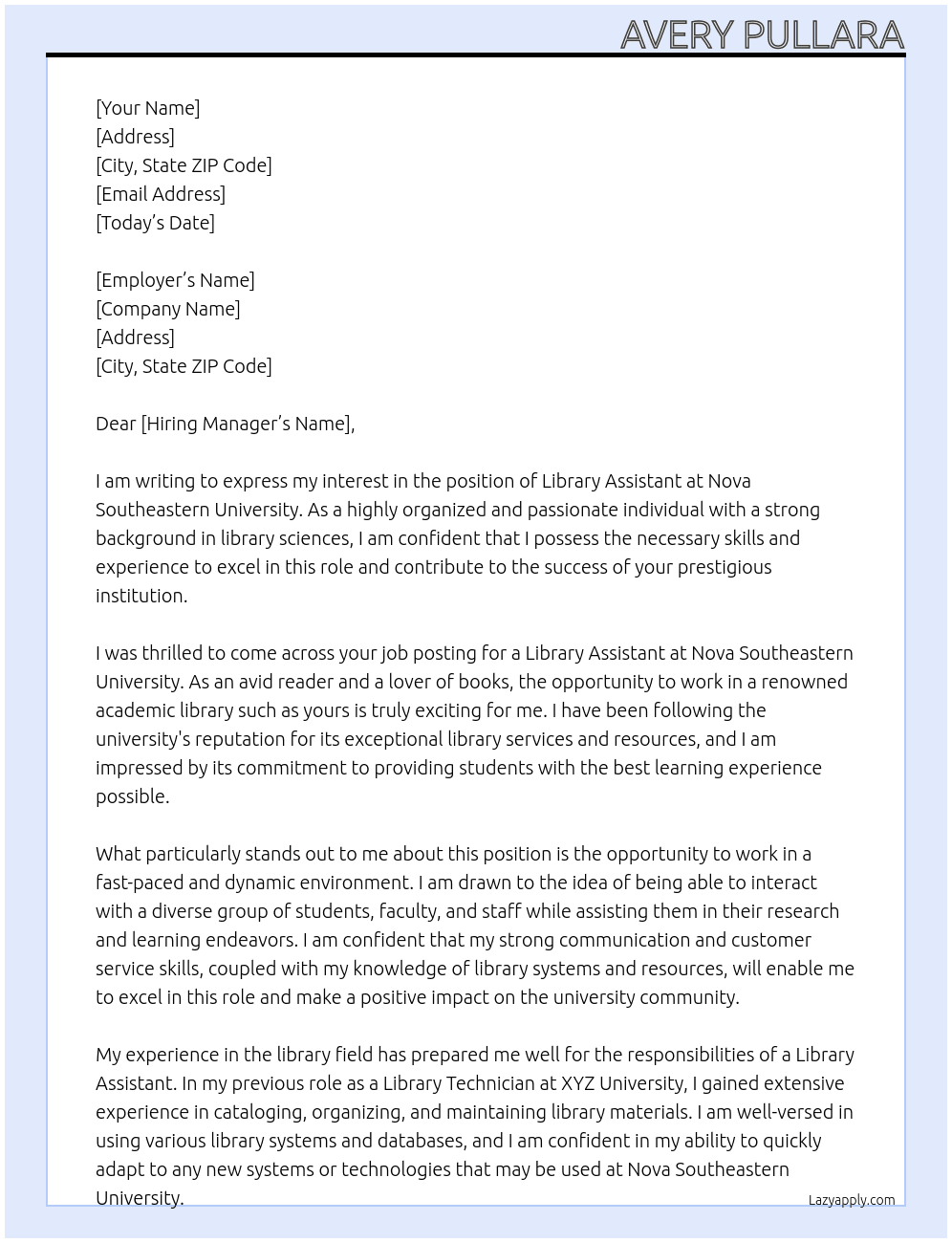 Library Assistant At Nova Southeastern University Cover Letter