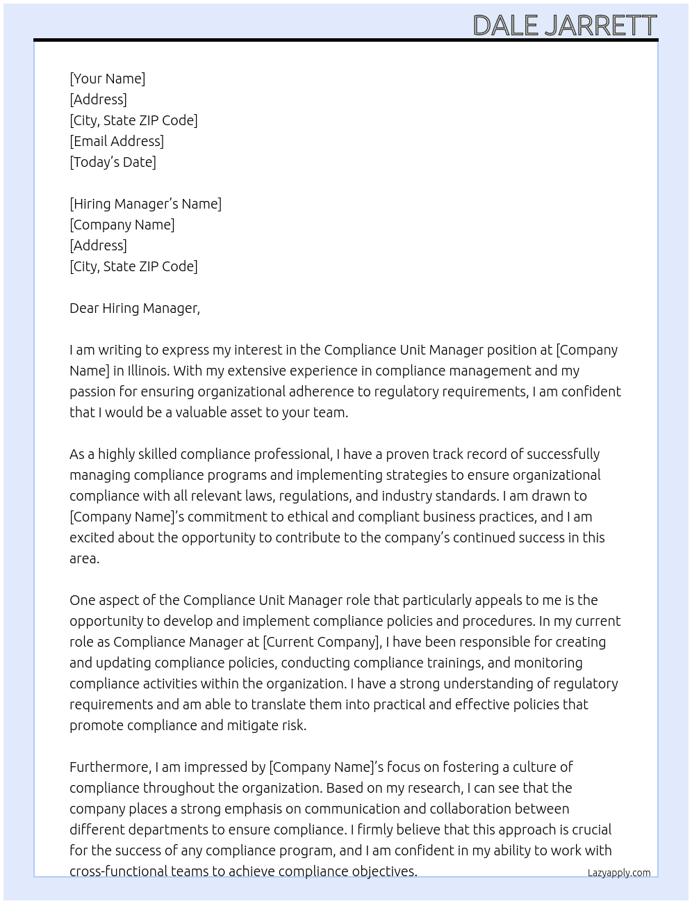 Compliance unit manager At Illinois Cover Letter