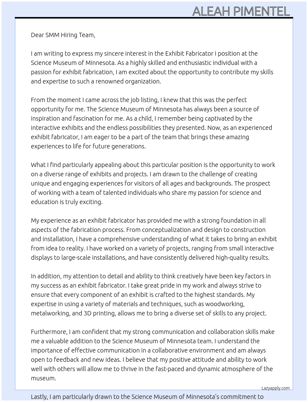 Exhibit Fabricator I At Science Museum of Minnesota  Cover Letter