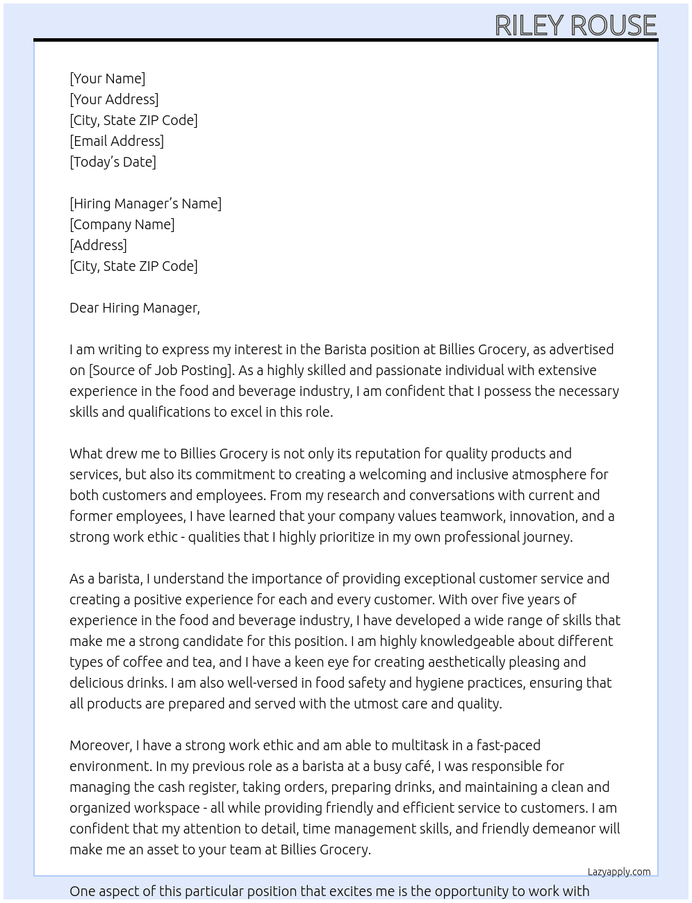 Barista At Billies Grocery Cover Letter