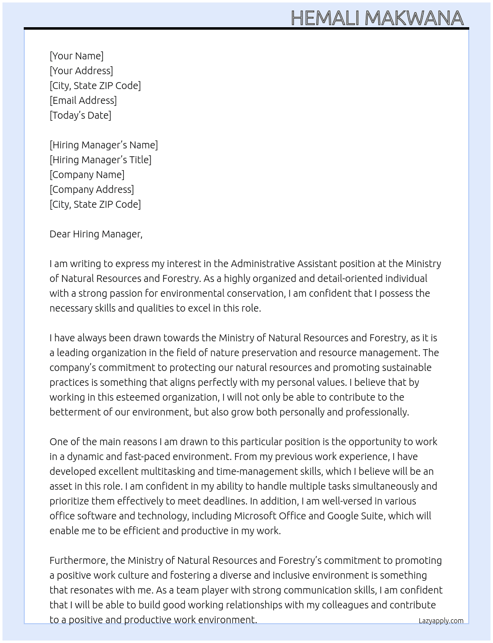 admirative assistant  At Ministry of Natural Resources and Forestry Cover Letter