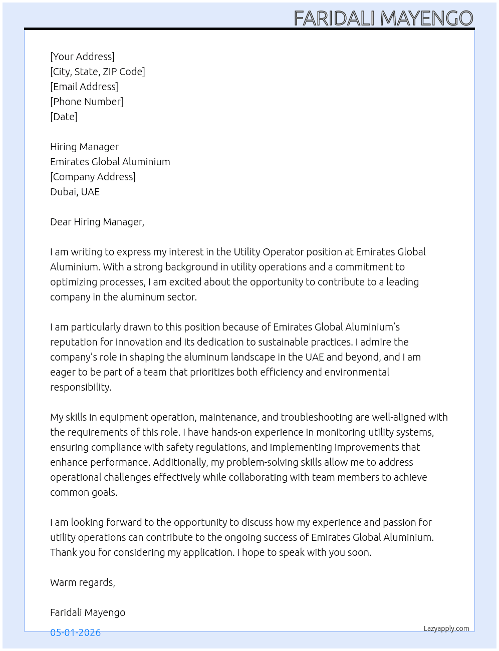 Utility Operator  At Emirates Global Aluminium Cover Letter