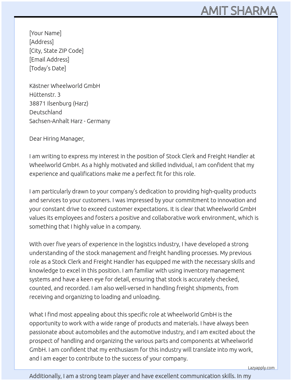 Stock clerks - Freight handlers At Wheelworld GmbH Cover Letter