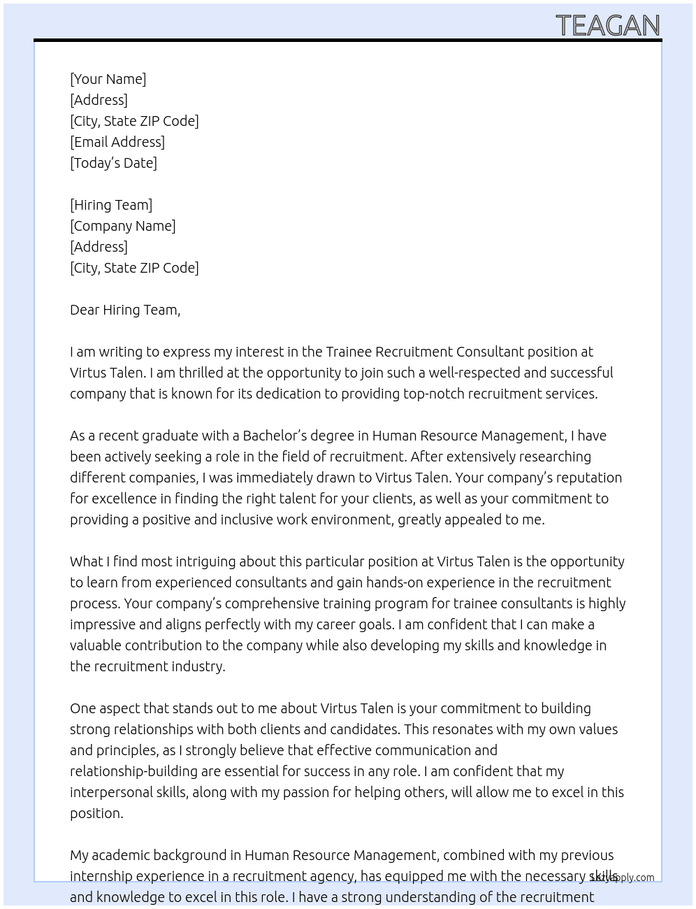 Trainee Recruitment Consultant At Virtus Talen Cover Letter