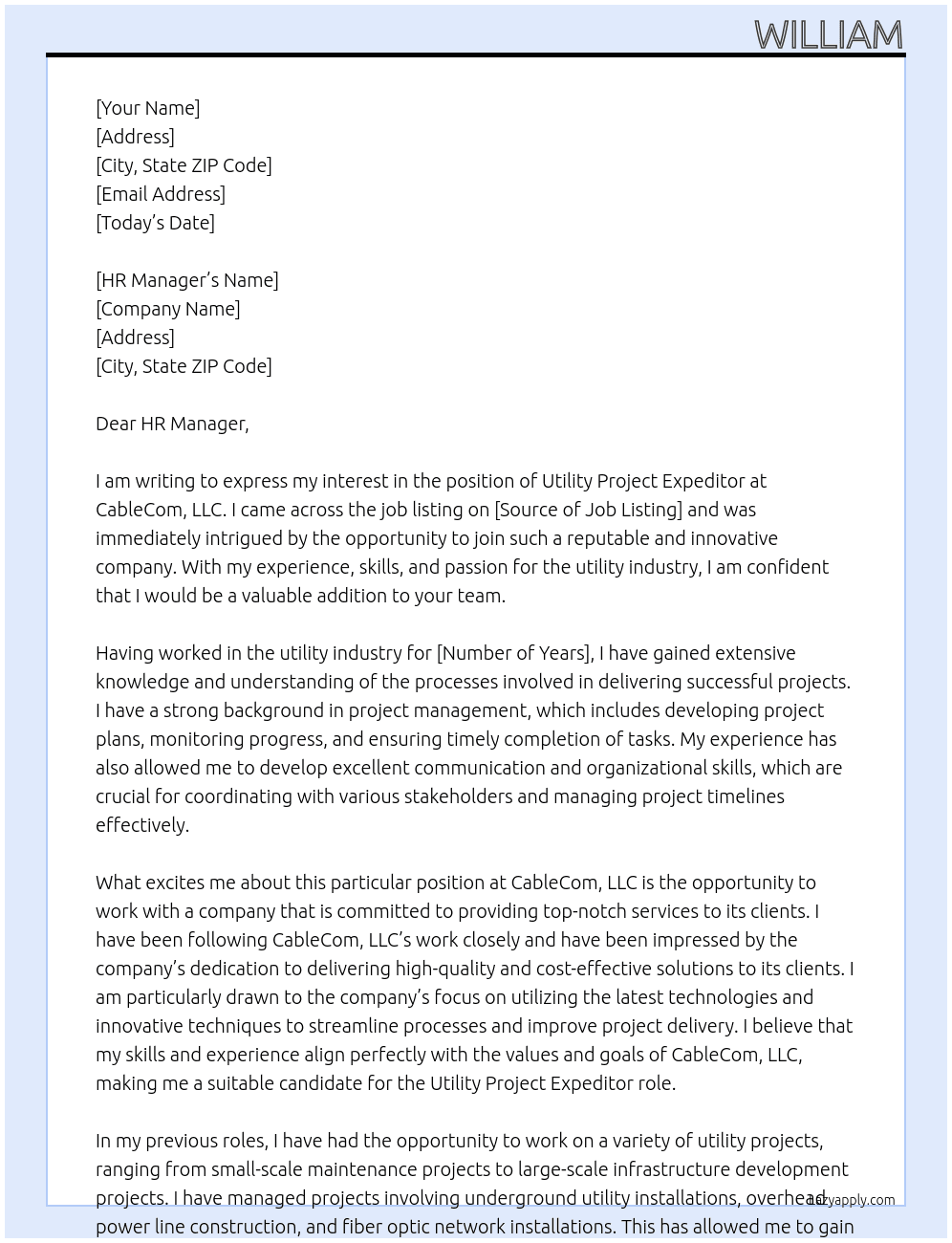 Utility Project Expeditor At CableCom, LLC Cover Letter