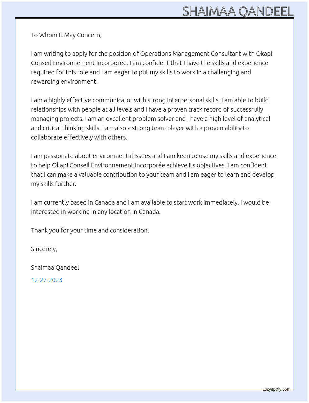 Operations Management Consultant ( arabic speakers) At Okapi Conseil Environnement Incorporée Cover Letter