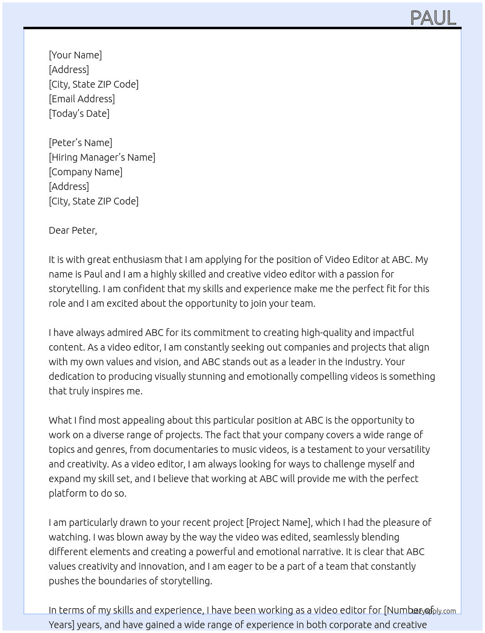 video editor At abc Cover Letter