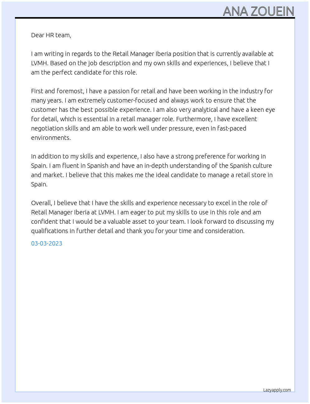 RETAIL MANAGER IBERIA At LVMH Cover Letter