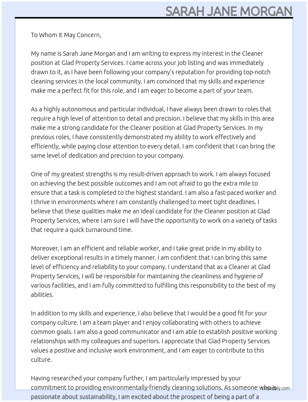 Cleaner At Glad Property Services Cover Letter