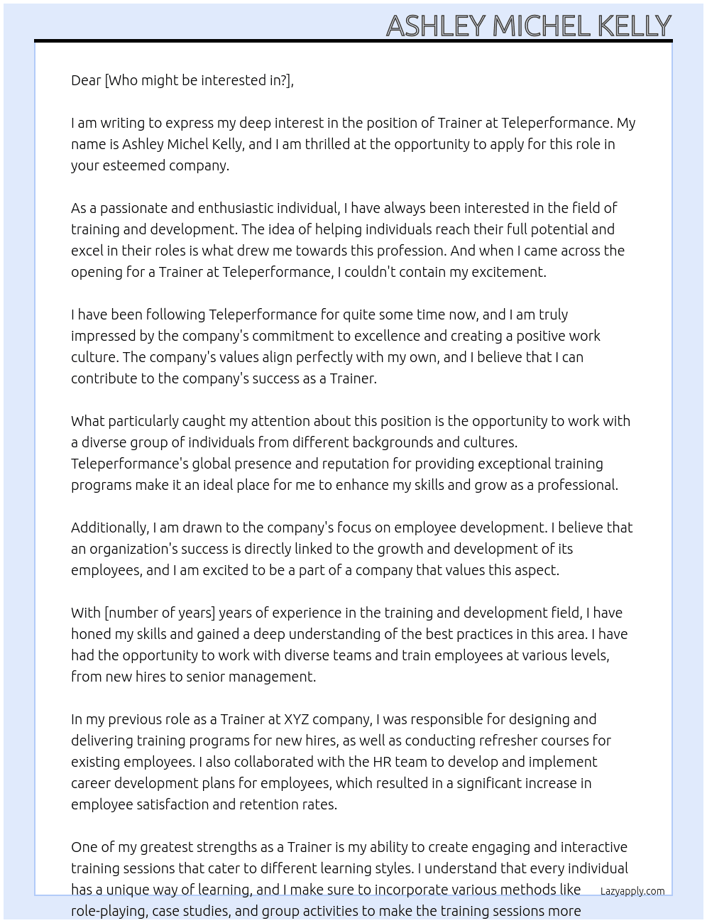Trainer At Teleperformance  Cover Letter