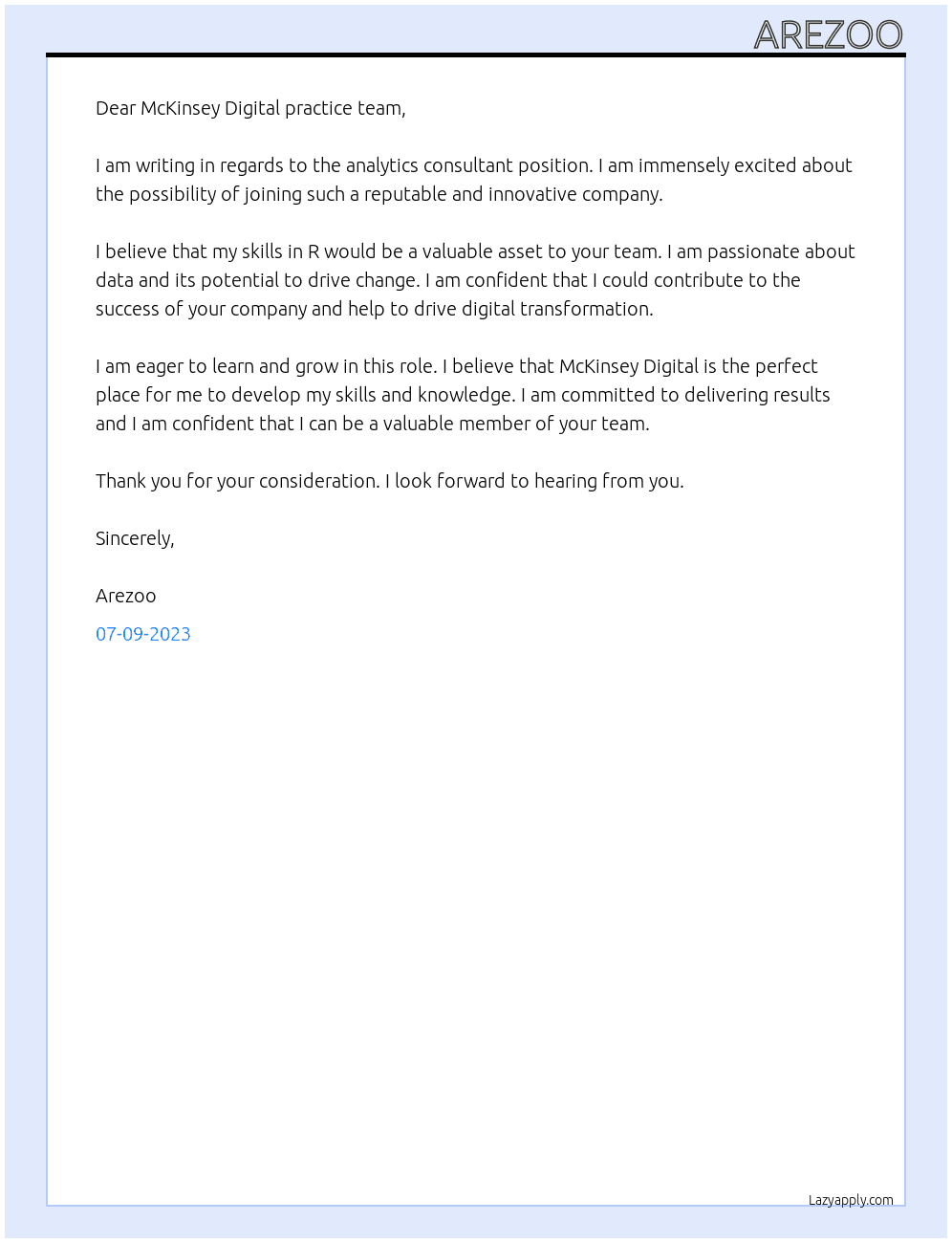 Analytics consultant At McKinsey Digital Cover Letter