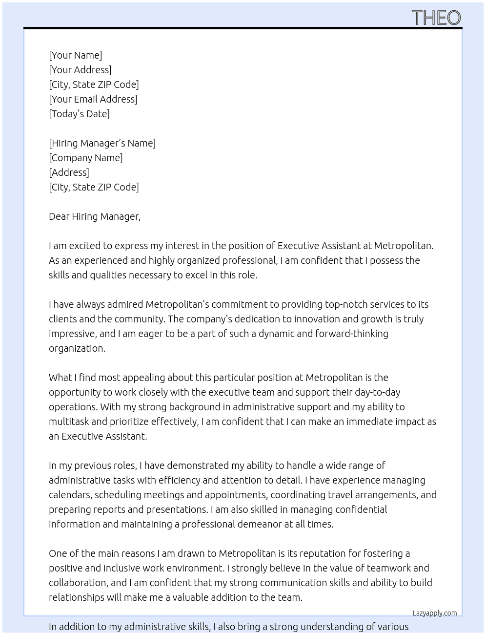 Executive Assistant At Metropolitan Cover Letter