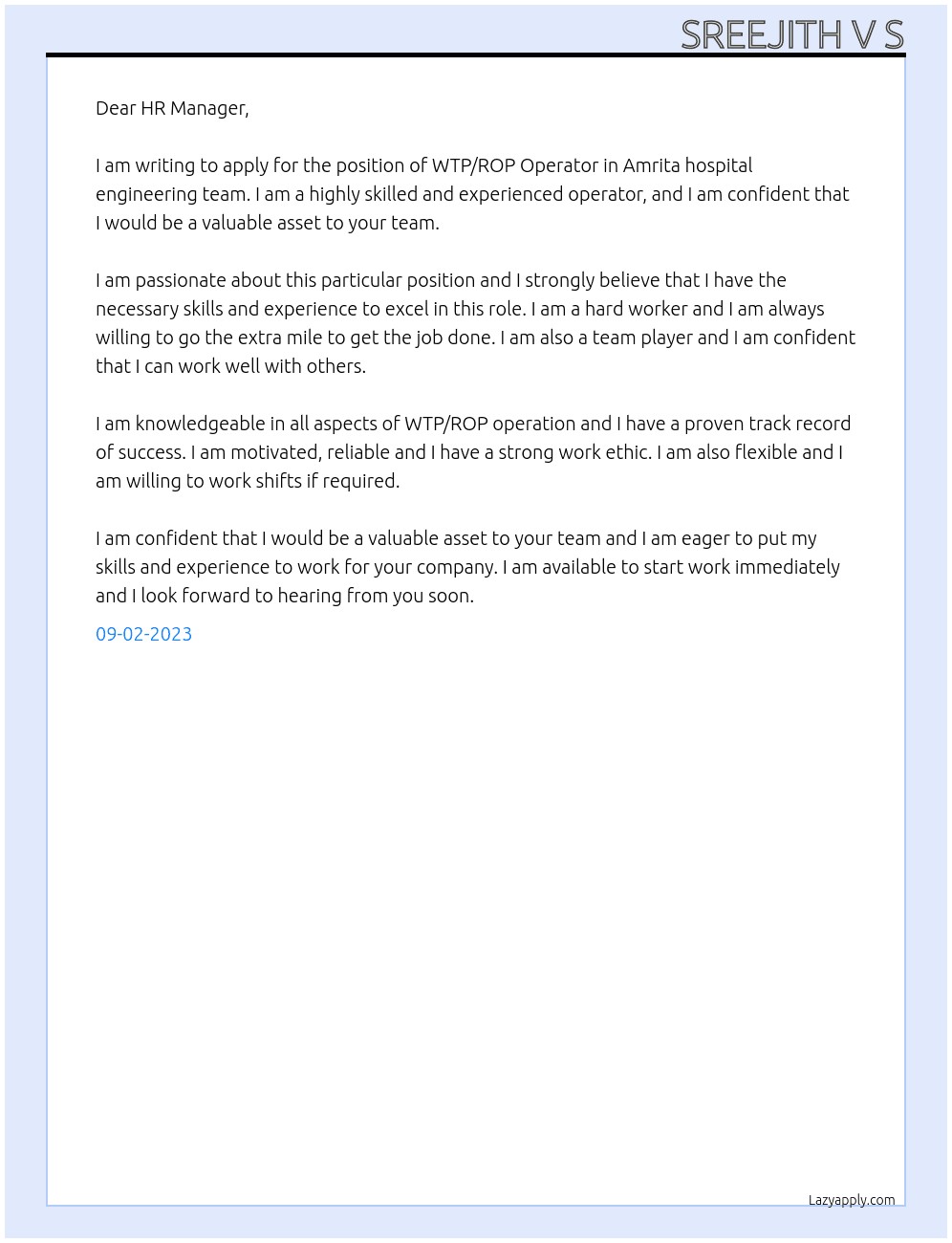 WTP/ROP At Amrita hospital engineering team Cover Letter