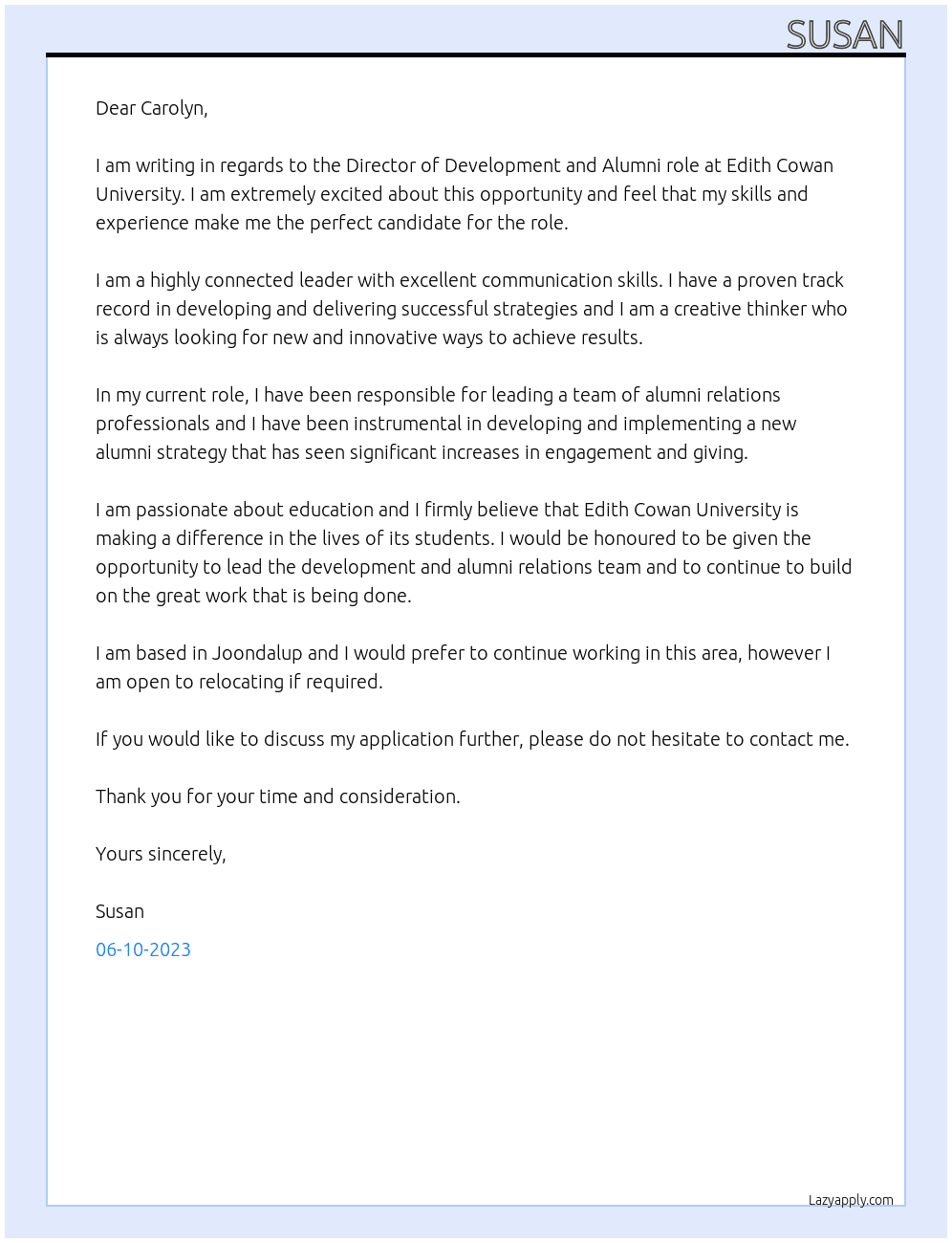 Director of Development and Alumni  At Edith Cowan University Cover Letter