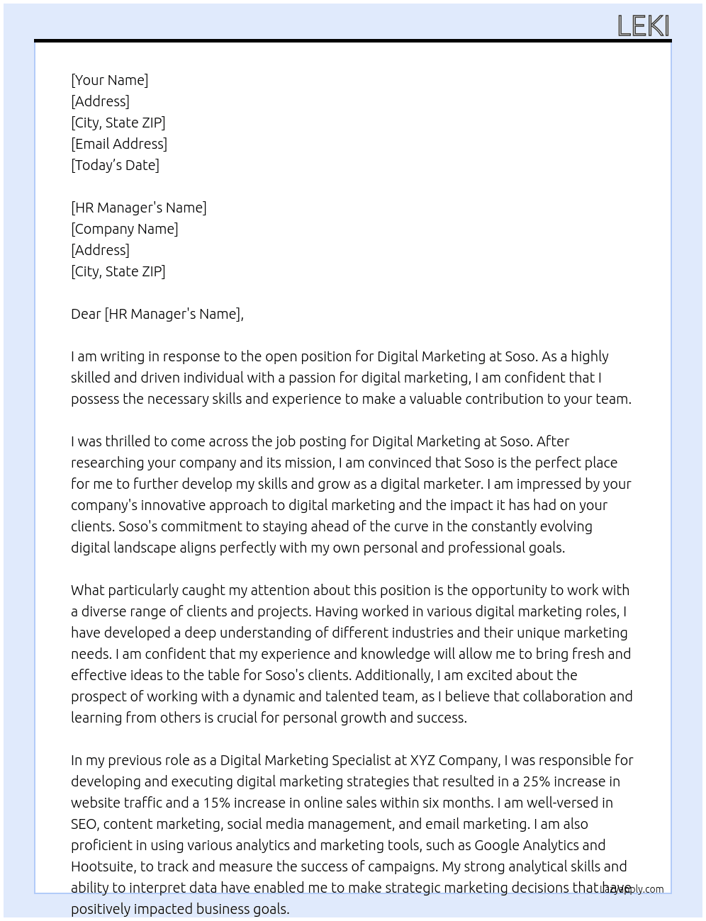Digital marketing  At Soso Cover Letter