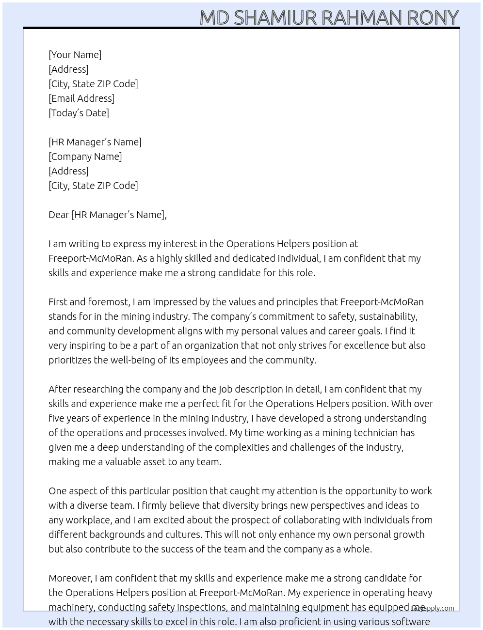 operations helpers  At Freeport-McMoRan Cover Letter