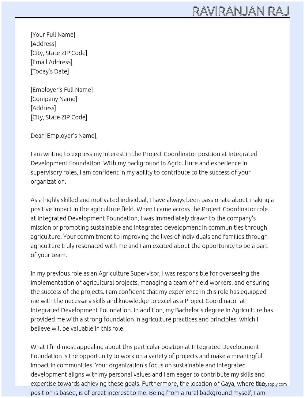 Project coordinator  At Integrated development foundation  Cover Letter