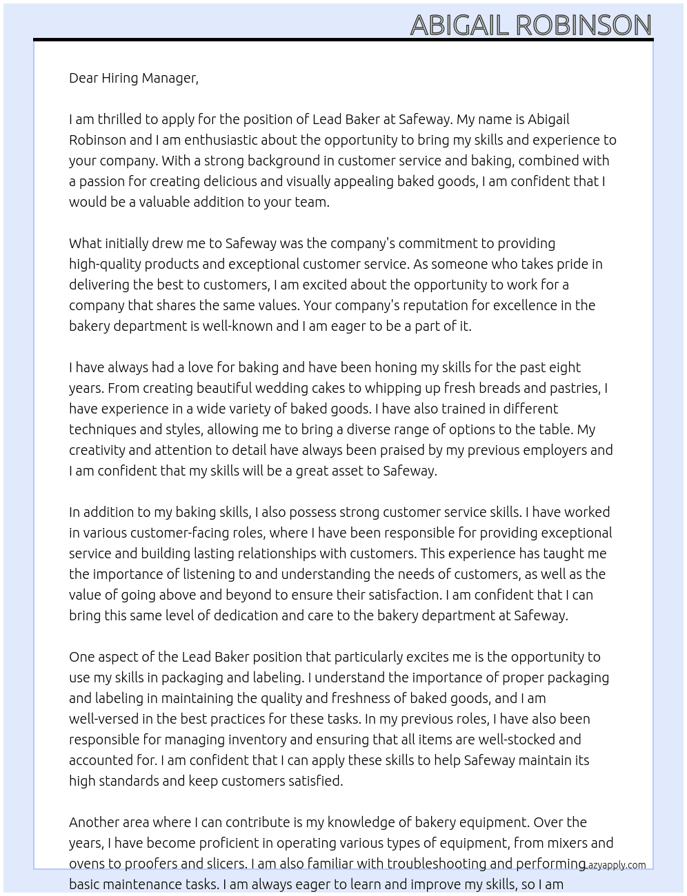 Lead Baker At Safeway Cover Letter