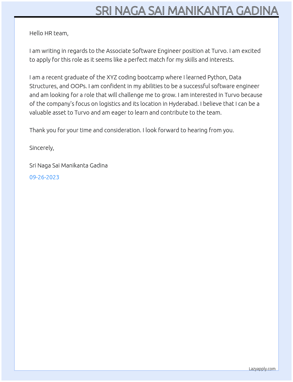 Assosciate Software Engineer At Turvo Cover Letter