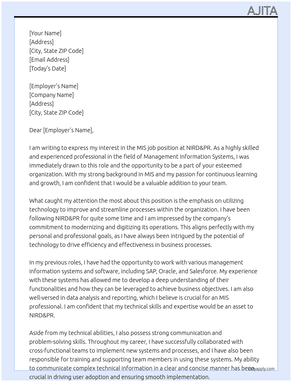 Cover letter for for mis job - LazyApply