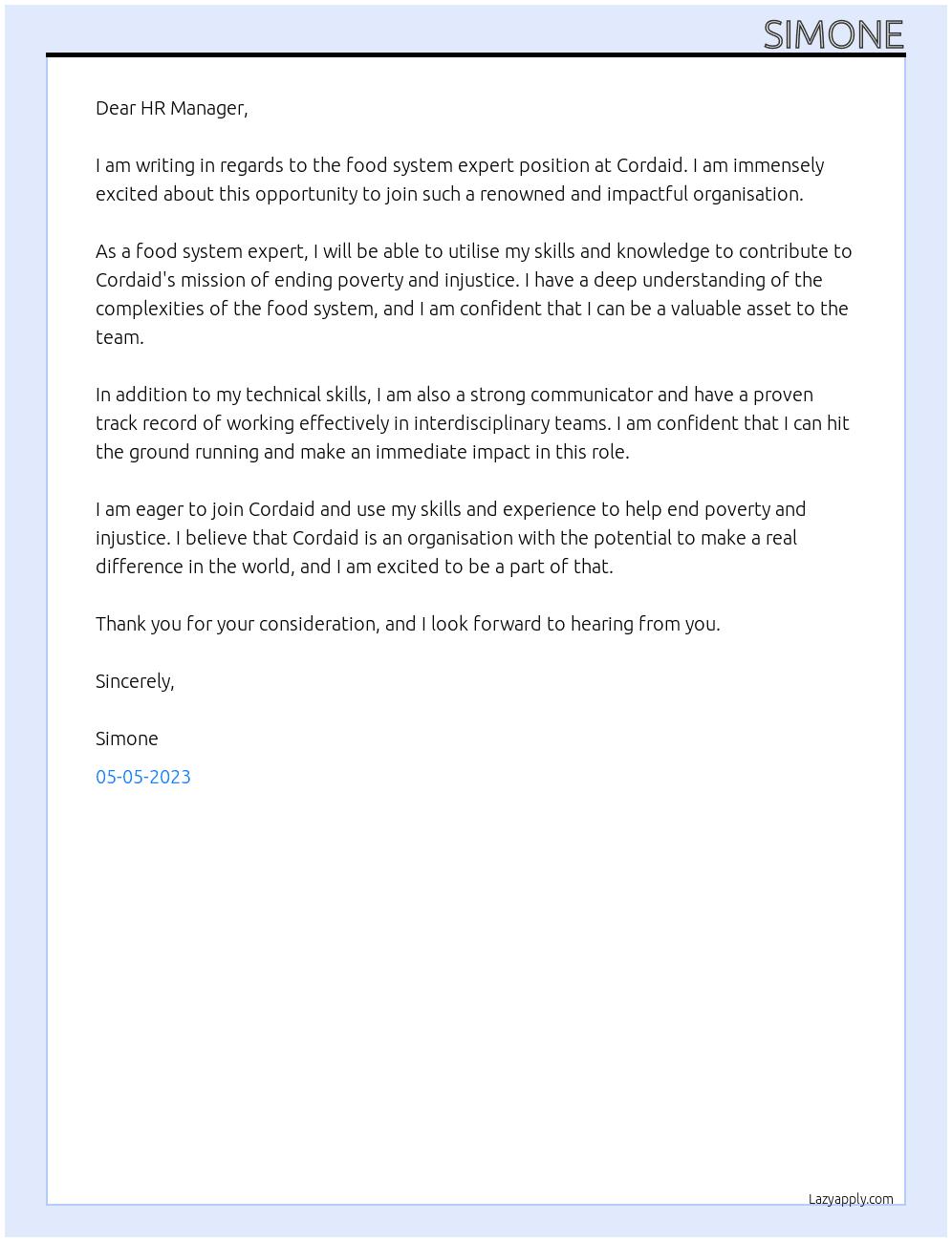 Food System Expert At Cordaid Cover Letter