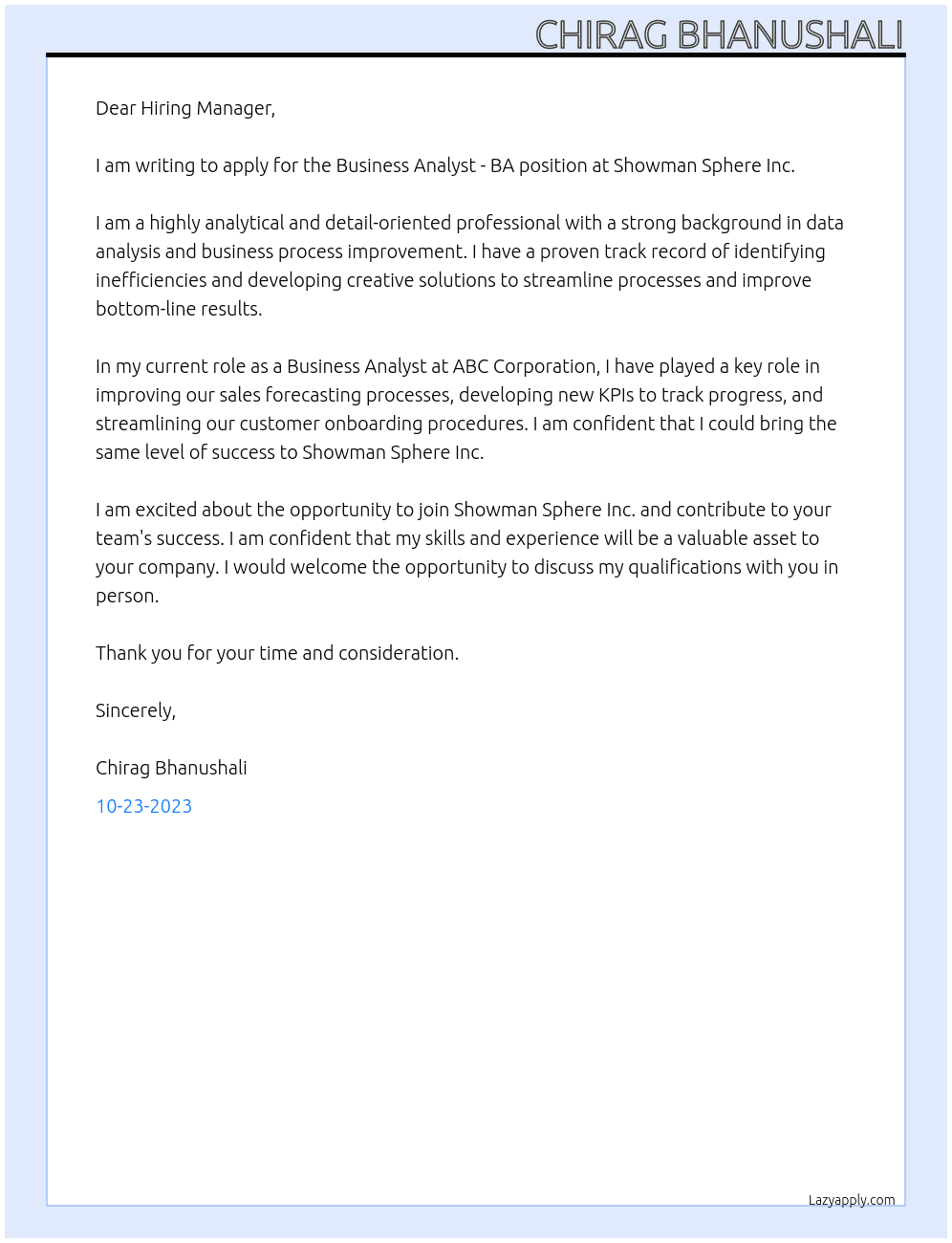 Business Analyst - BA At Showman Sphere Inc Cover Letter
