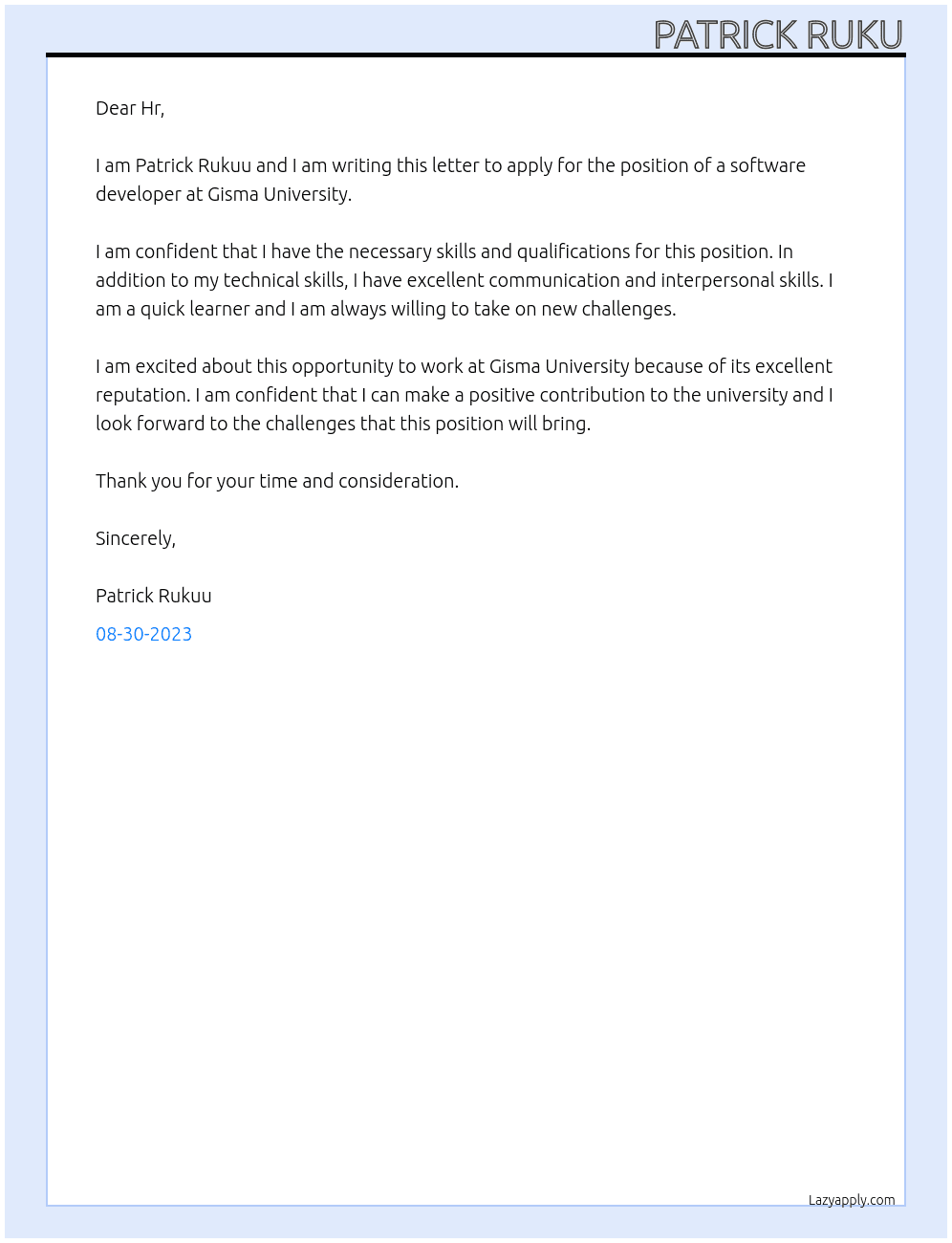 Software developer At Gisma University Cover Letter