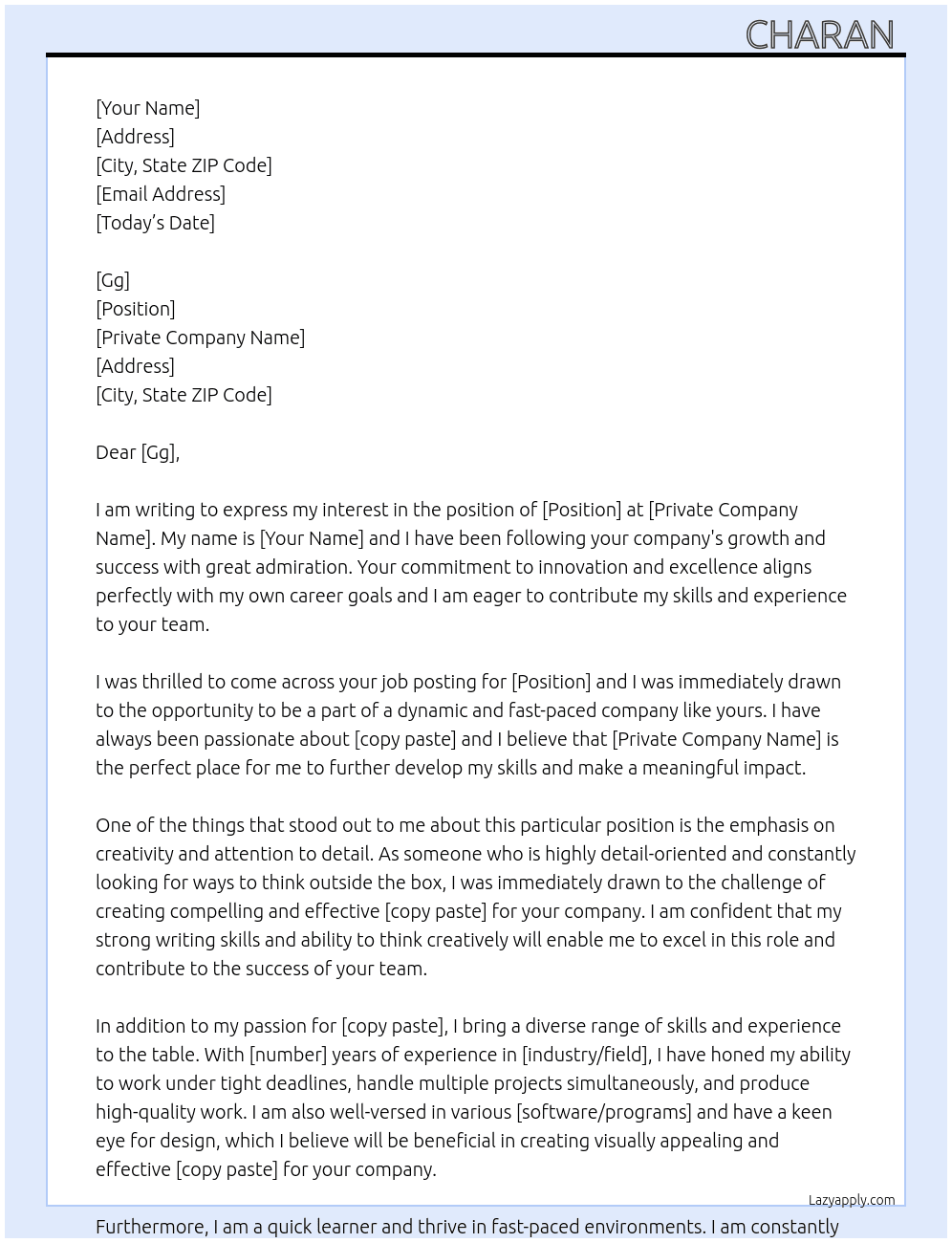 Copy paste  At Private  Cover Letter